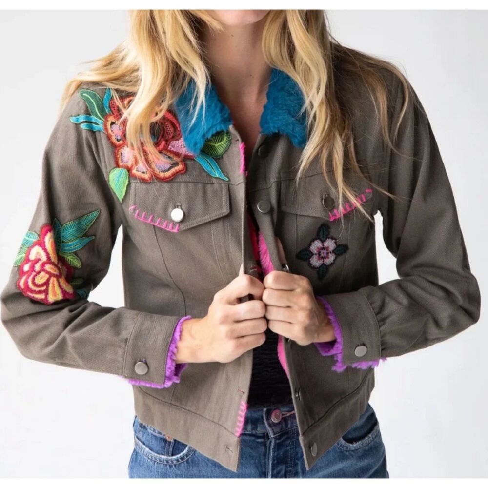 Natural Life Embroidered Floral Faux Fur Jacket Brown Blue Pink Size Small Boho